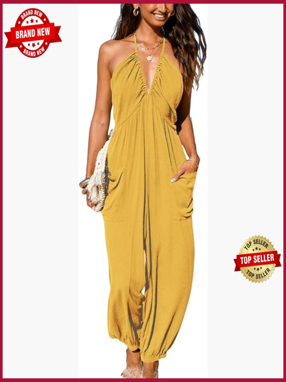 Knit Jogger Maxi Jumpsuit Plunge Halter Sleeveless Pleated Romper Pockets